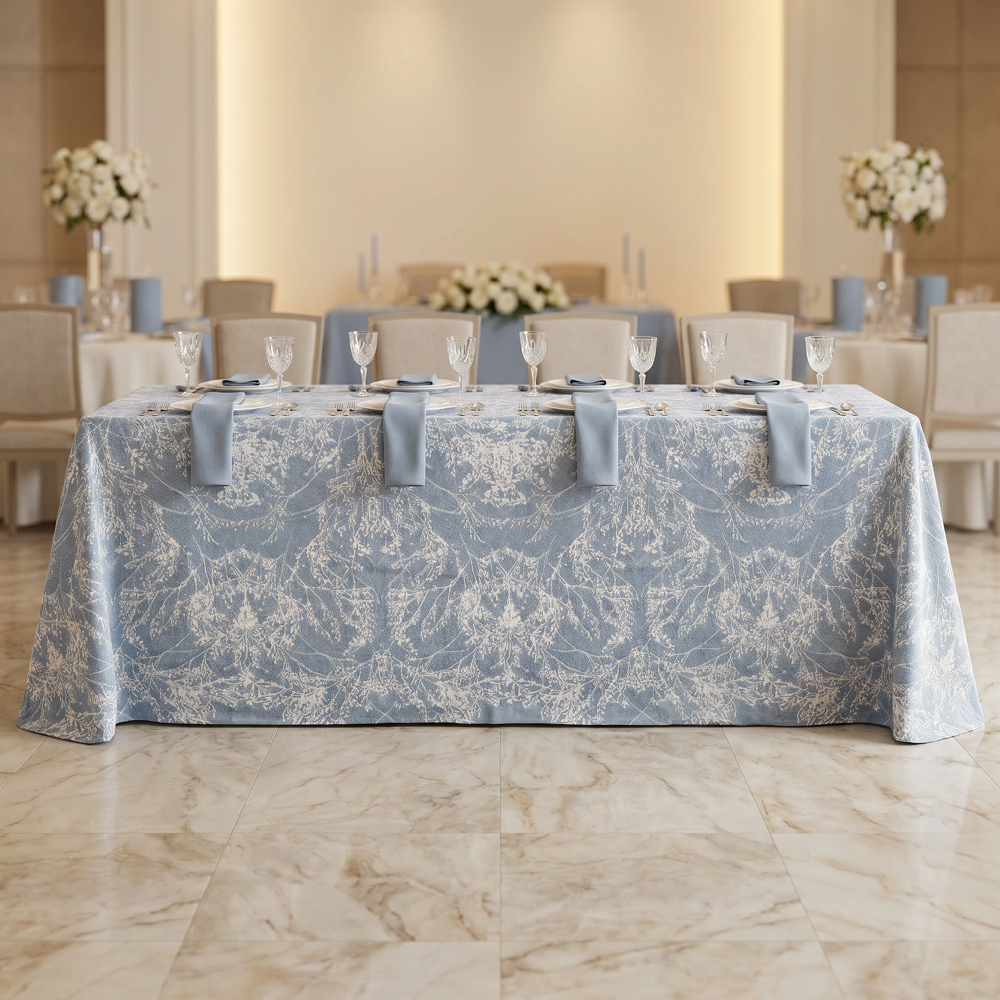 Leaf Branch Reversible Jacquard Tablecloth 90"x156" Rectangle - Dusty Blue Front View