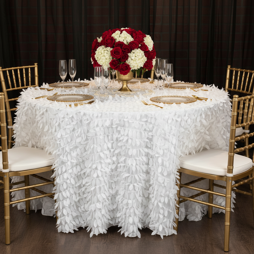 Leaf Petal Taffeta 132" Round Tablecloth - White | charger plate | wine goblet | 