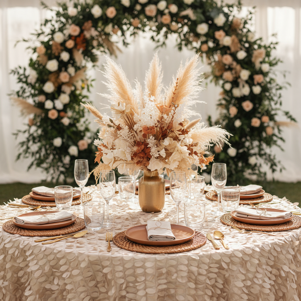 Leaf Petal Taffeta Round 120" Tablecloth - Champagne with rattan charger plate | ivory napkin | wine goblets 