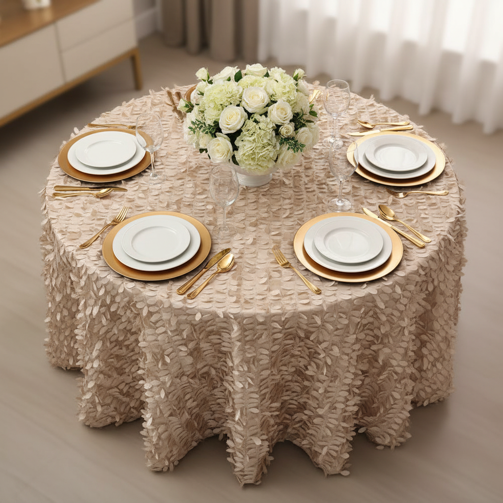 Leaf Petal Taffeta Round 120" Tablecloth - Champagne with gold charger plate | wine goblets | 
