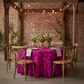 Leaf Petal Taffeta Round 120" Tablecloth - Fuchsia | charger plate | napkin | wine goblets | centerpiece |