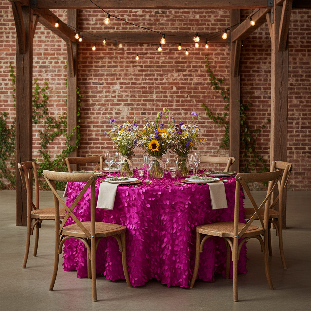 Leaf Petal Taffeta Round 120" Tablecloth - Fuchsia | charger plate | napkin | wine goblets | centerpiece |