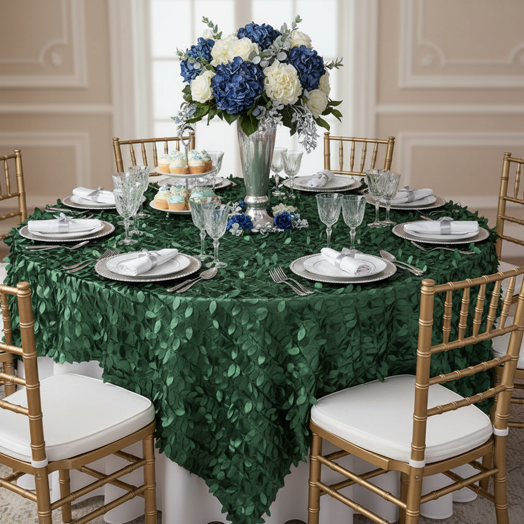 Leaf Petal Taffeta Table Overlay Topper 90"x90" Square - Emerald Green | napkin | charger plate | wine goblets | centerpiece |