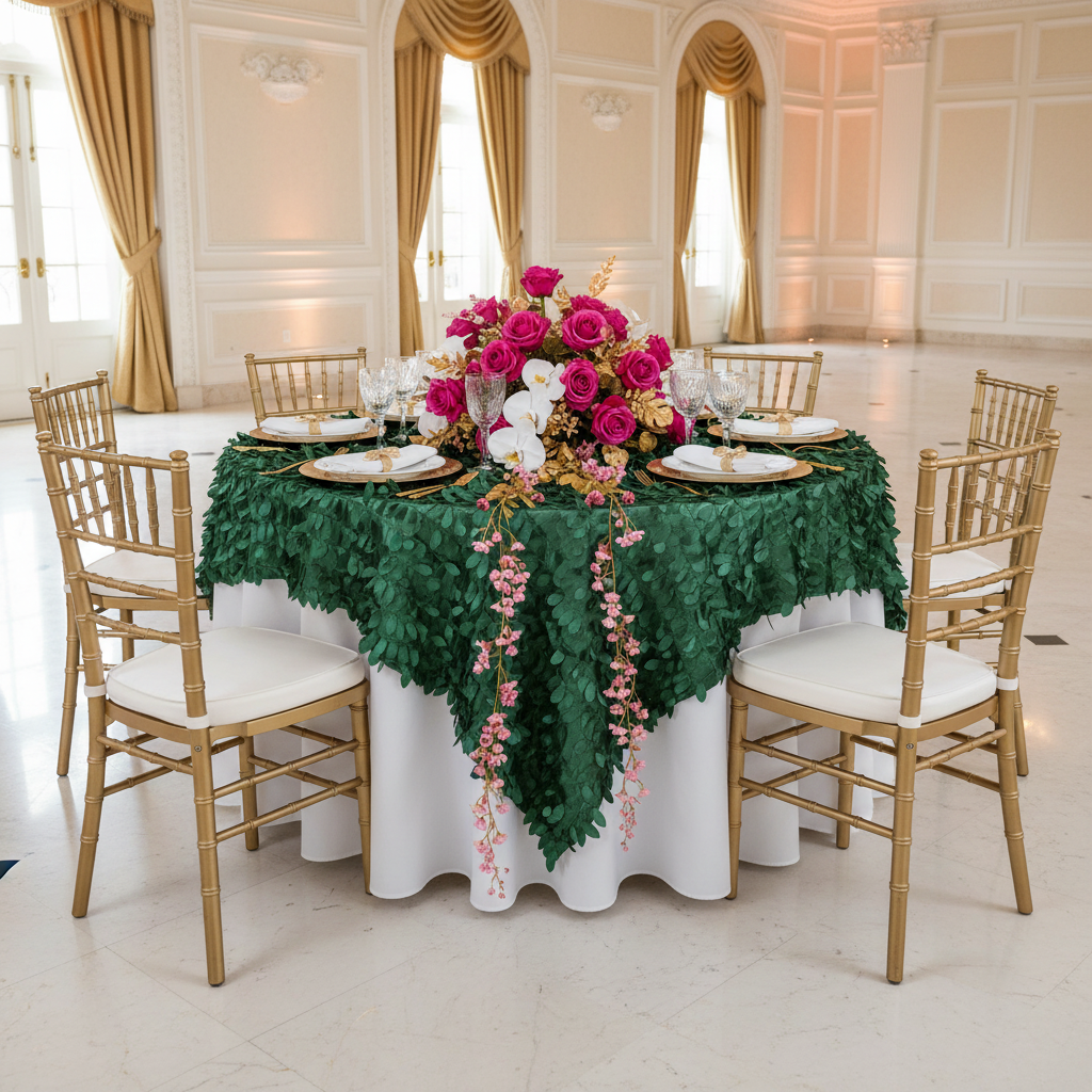 Leaf Petal Taffeta Table Overlay Topper 90"x90" Square - Emerald Green | napkin | charger plate | wine goblets | centerpiece |