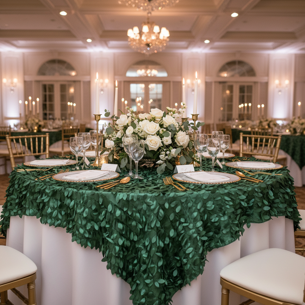 Leaf Petal Taffeta Table Overlay Topper 90"x90" Square - Emerald Green | napkin | charger plate | wine goblets | centerpiece |