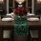 Leaf Petal Taffeta Table Runner - Emerald Green on plain table with flower centerpiece | white dinner plate | wine goblets