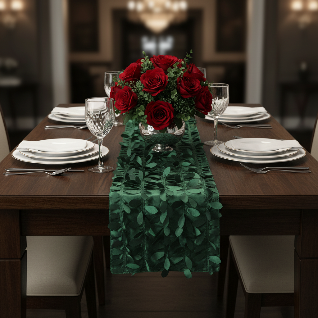Leaf Petal Taffeta Table Runner - Emerald Green on plain table with flower centerpiece | white dinner plate | wine goblets