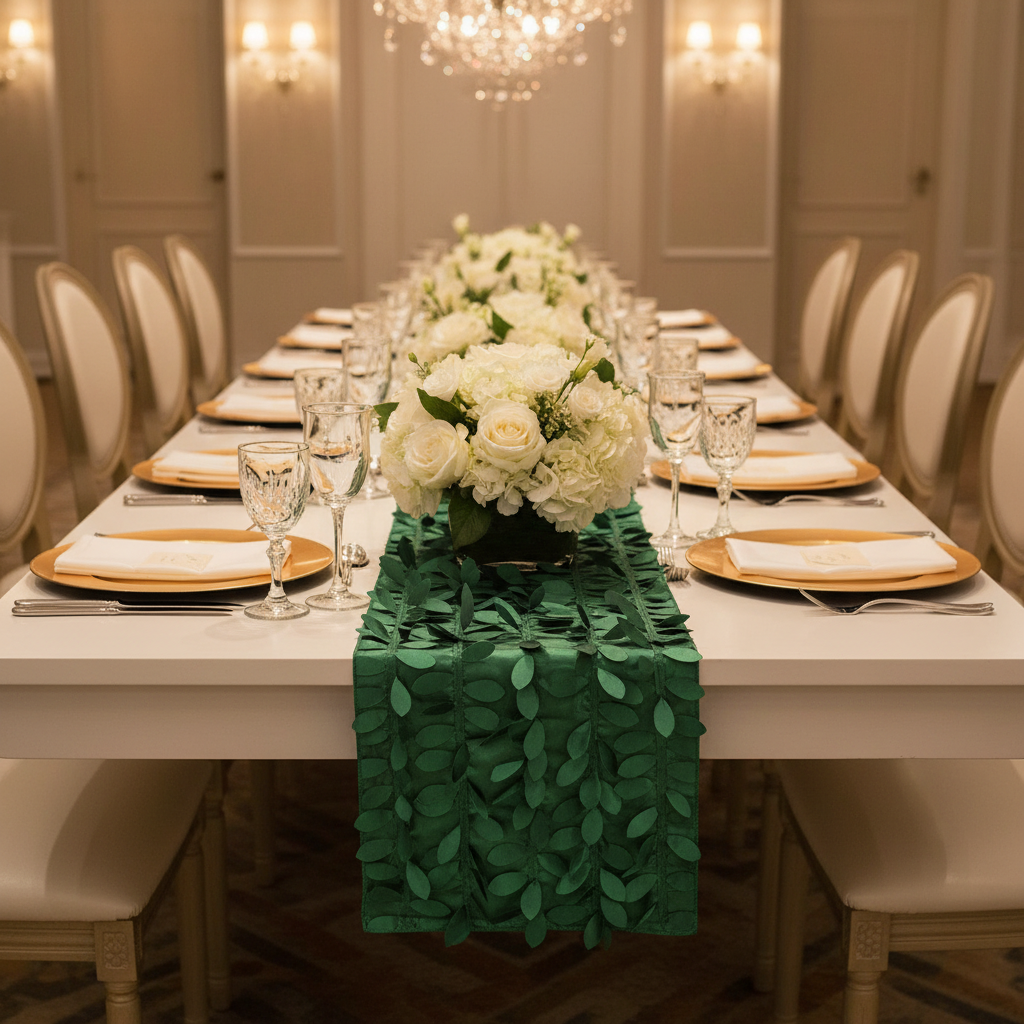 Leaf Petal Taffeta Table Runner - Emerald Green on table with flower centerpiece | gold charger plate | wine goblets | white napkin