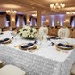 Leaf Petal Taffeta Tablecloth 90"x132" Rectangular - White | gold charger plate | wine goblets | napkin |