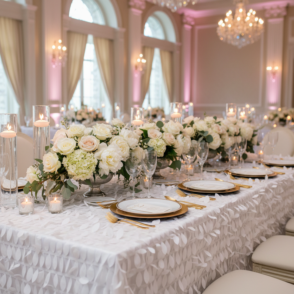Leaf Petal Taffeta Tablecloth 90"x132" Rectangular - White | gold charger plate | wine goblets |