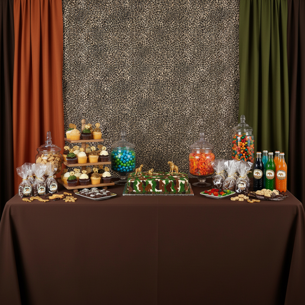 Leopard Animal Print Spandex 4-way Stretch Drape Curtain 12ft H x 60" W
on a safari desert table themed birthday 