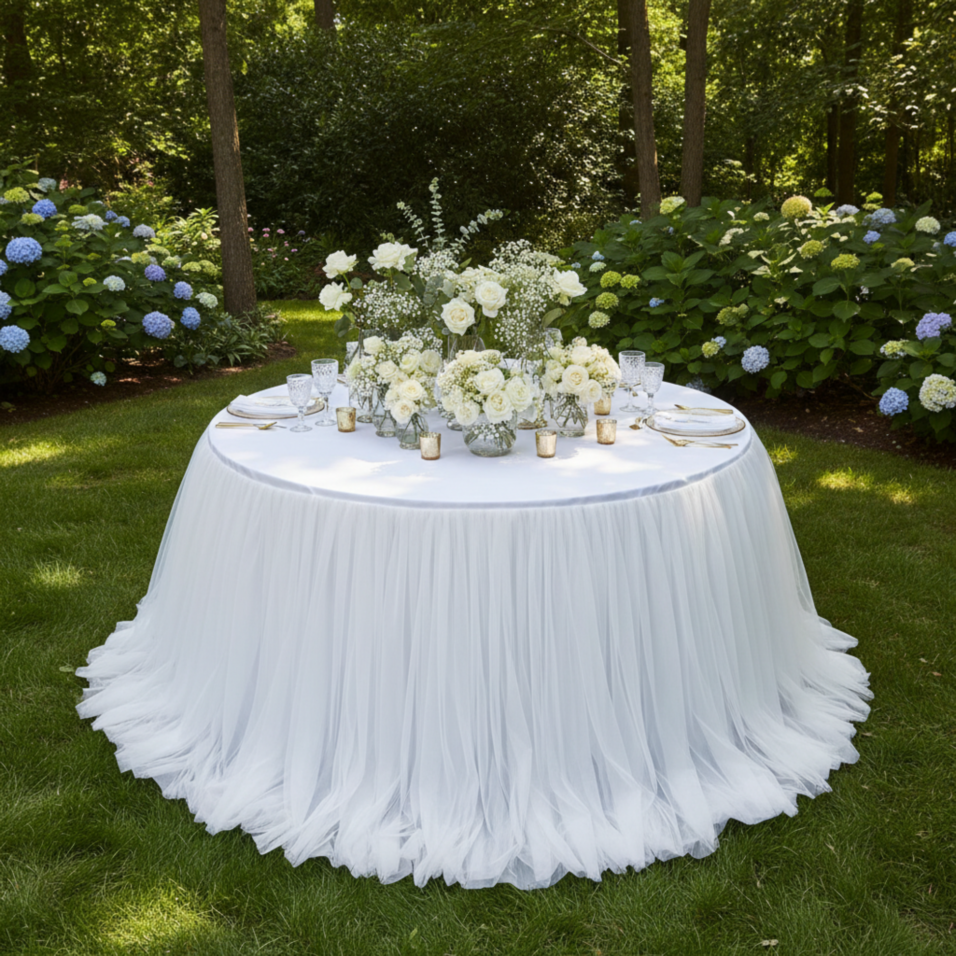 Outdoor Lifestyle 60 Round Table with White Chiffon Tulle Table Skirt