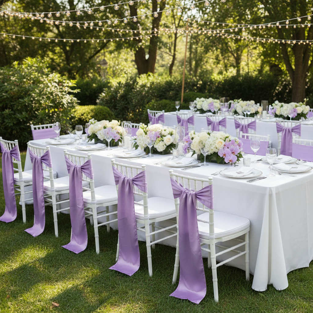 Outdoor Wedding Reception with Victorian Lilac/ Wisteria Standard Satin Chair Sash