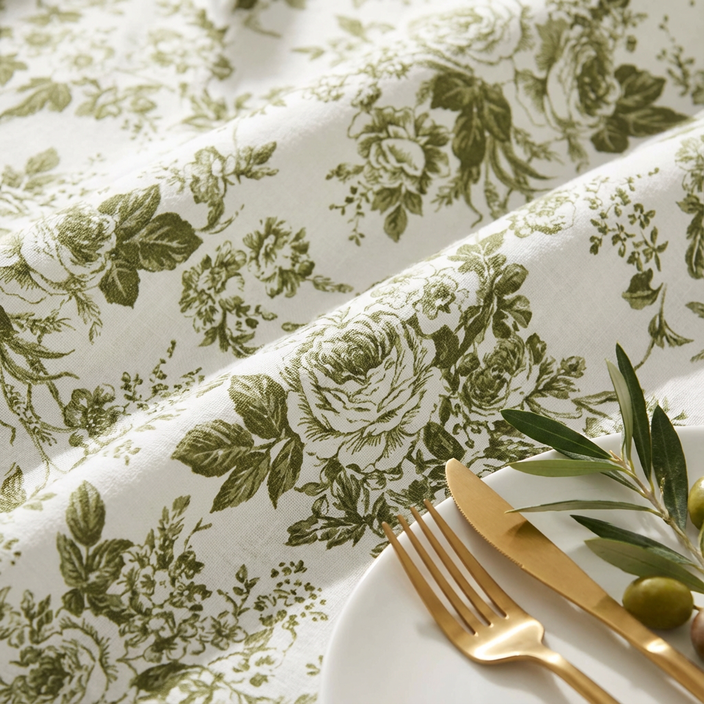 French Toile 108" Round Tablecloth - Olive Green - CV Linens