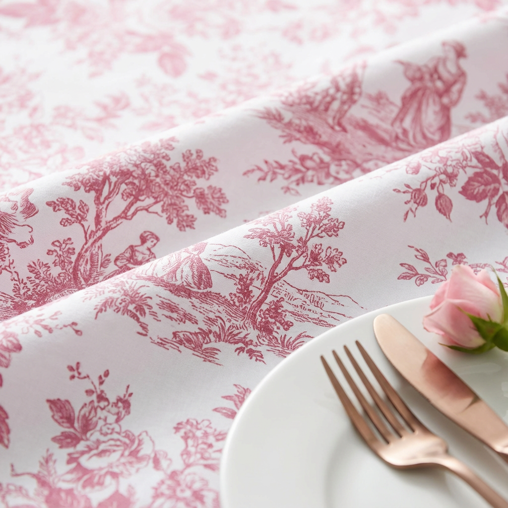 French Toile 108" Round Tablecloth - Pink - CV Linens