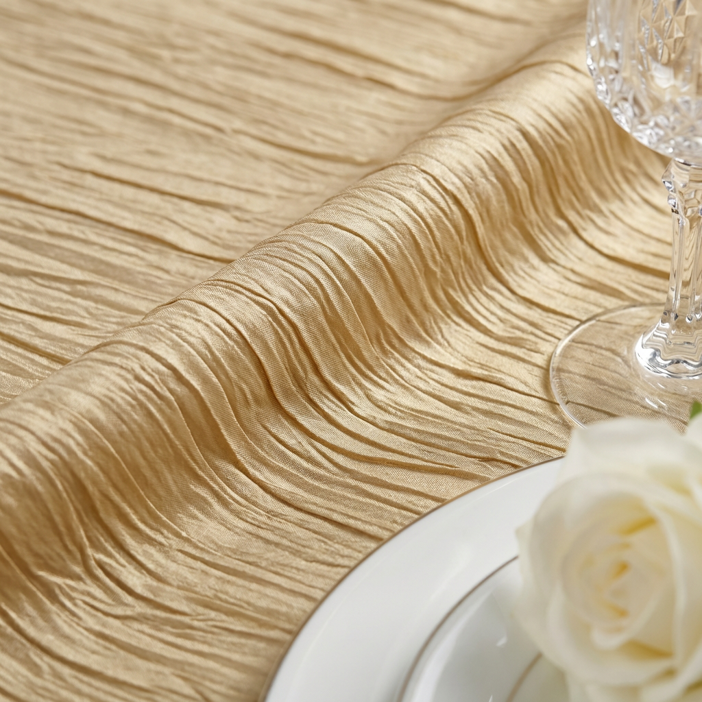 Accordion Crinkle Taffeta 120" Round Tablecloth - Champagne - CV Linens