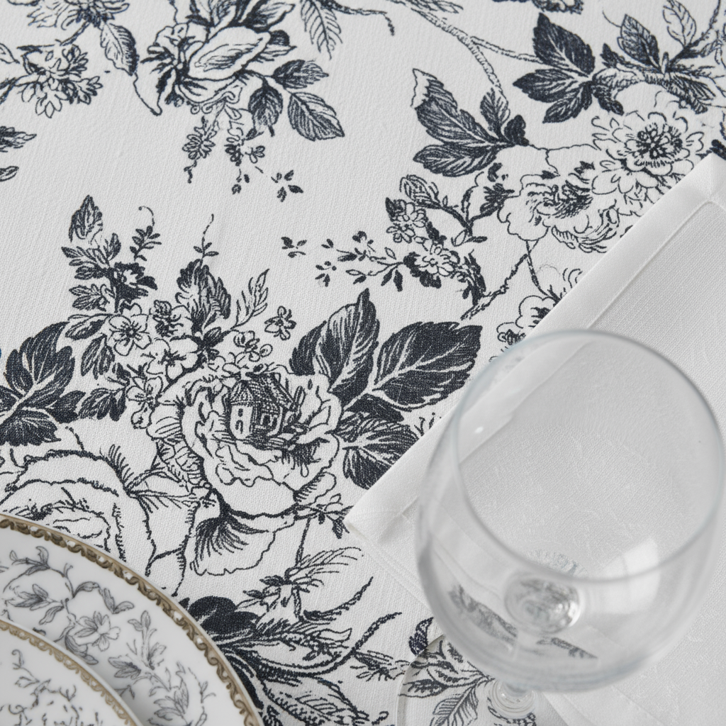 Black French Toile Round Tablecloth Size: 120 in | Polyester | Wedding | Event | Wholesale by CV Linens