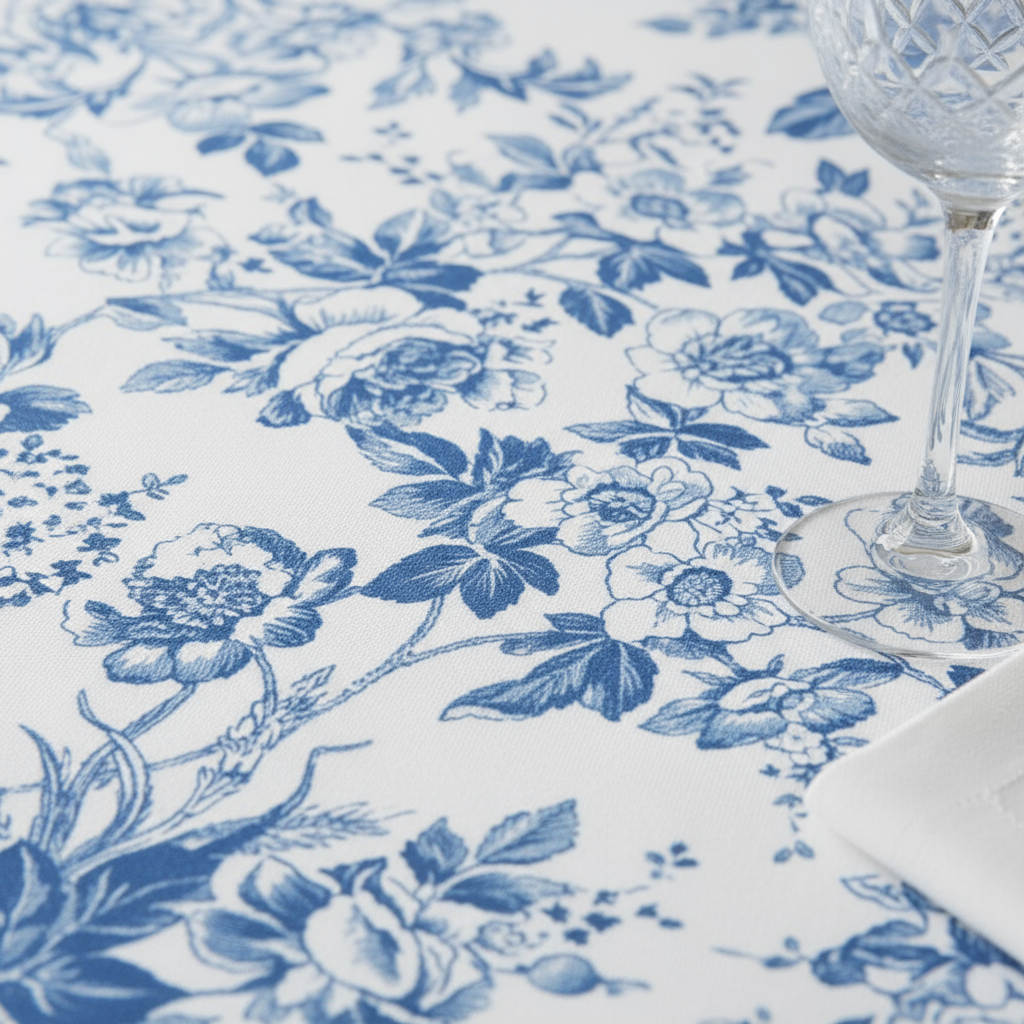 Blue French Toile Round Tablecloth Size: 120 in | Polyester | Wedding | Event | Wholesale by CV Linens
