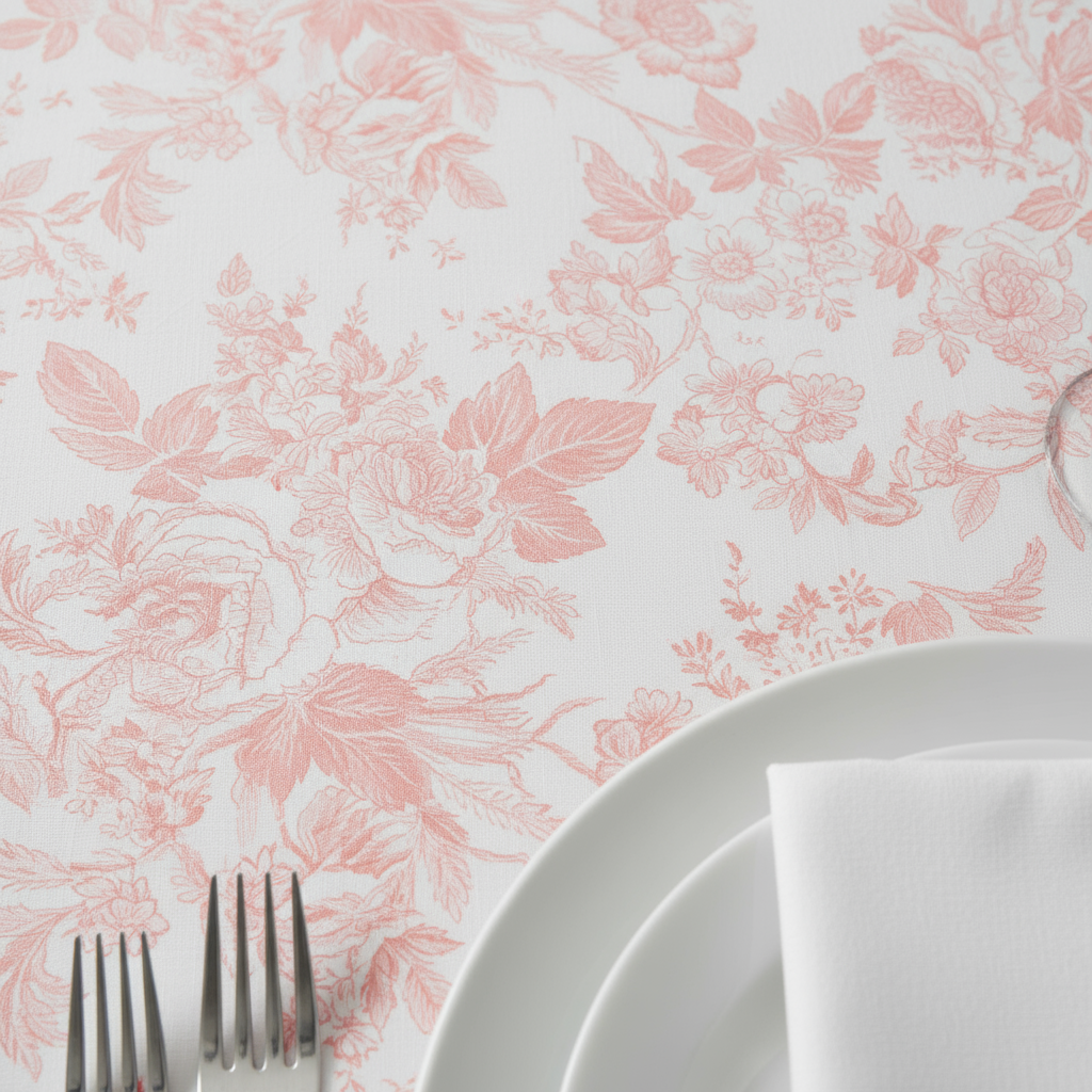 Coral French Toile 120" Round Tablecloth | Polyester | Wedding | Event | Wholesale by CV Linens