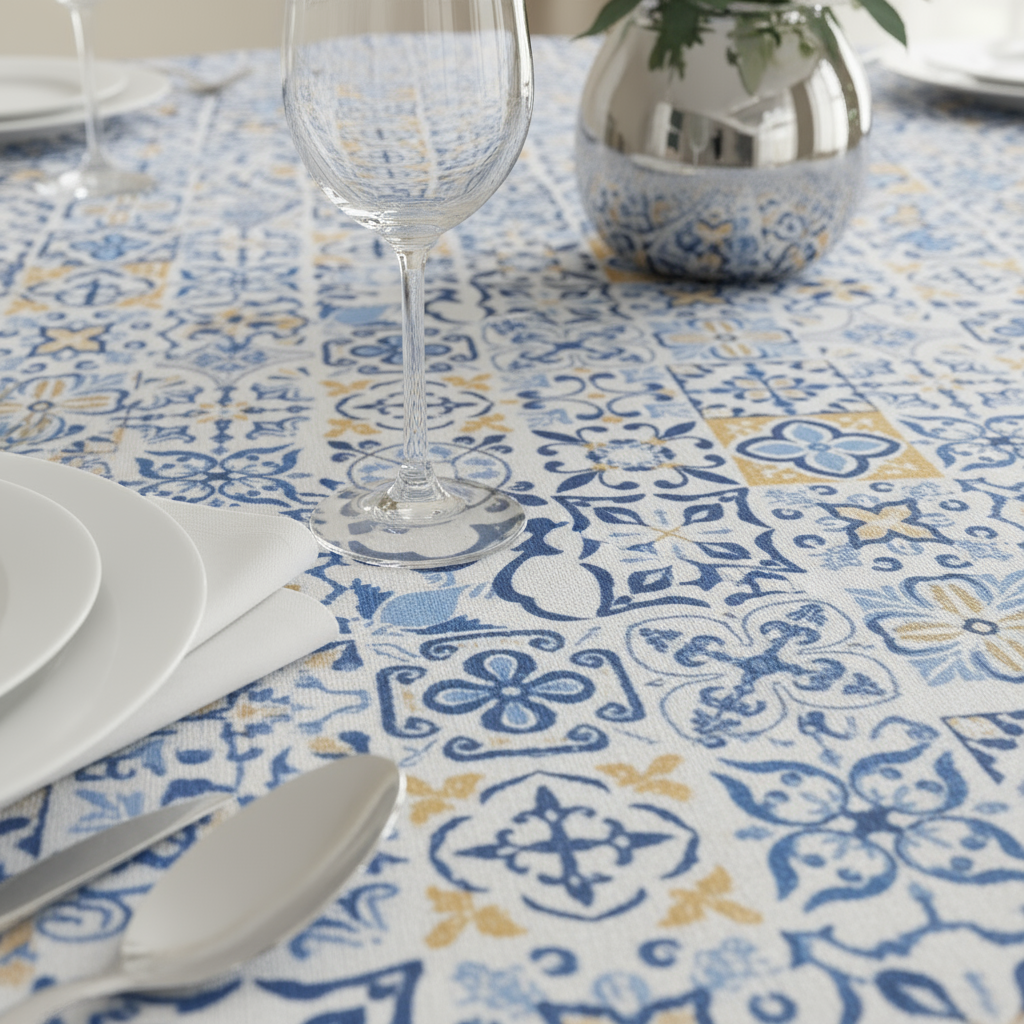 Morocco Mediterranean 120" Round Tablecloth | Polyester | Wedding | Event | Wholesale by CV Linens