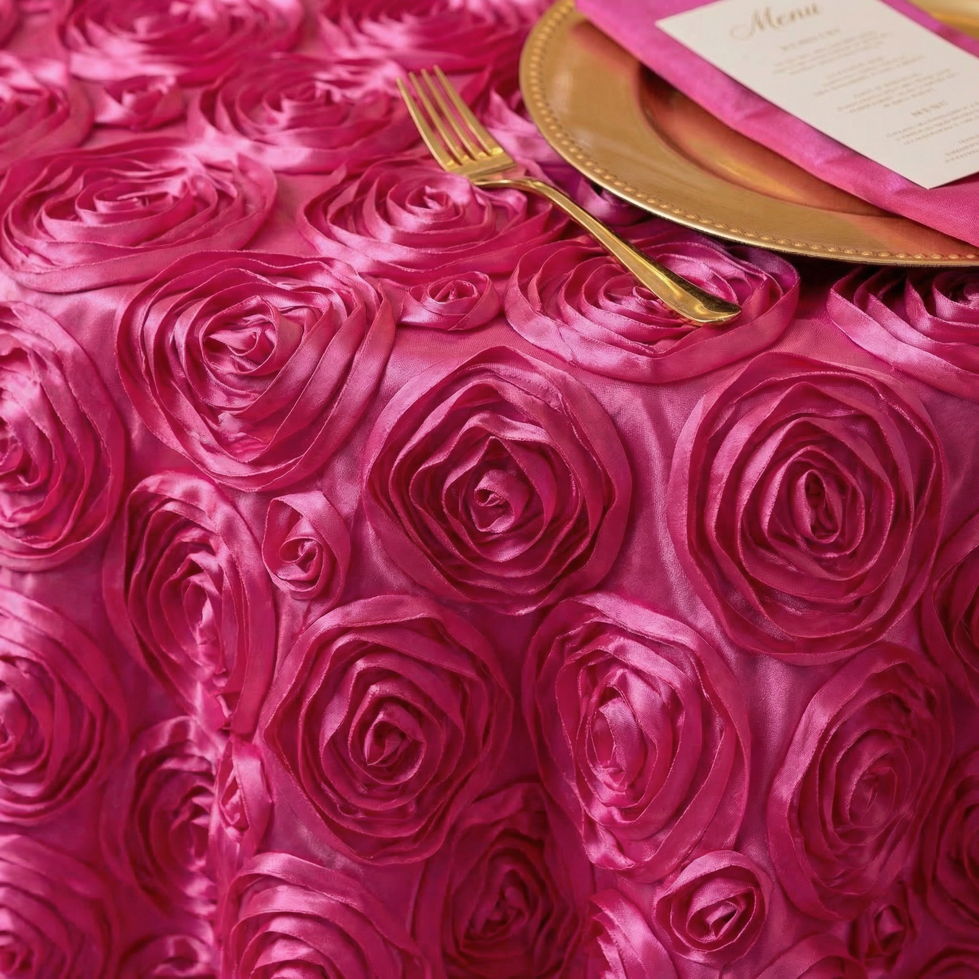 Wedding Rosette SATIN 132" Round Tablecloth - Fuchsia - CV Linens