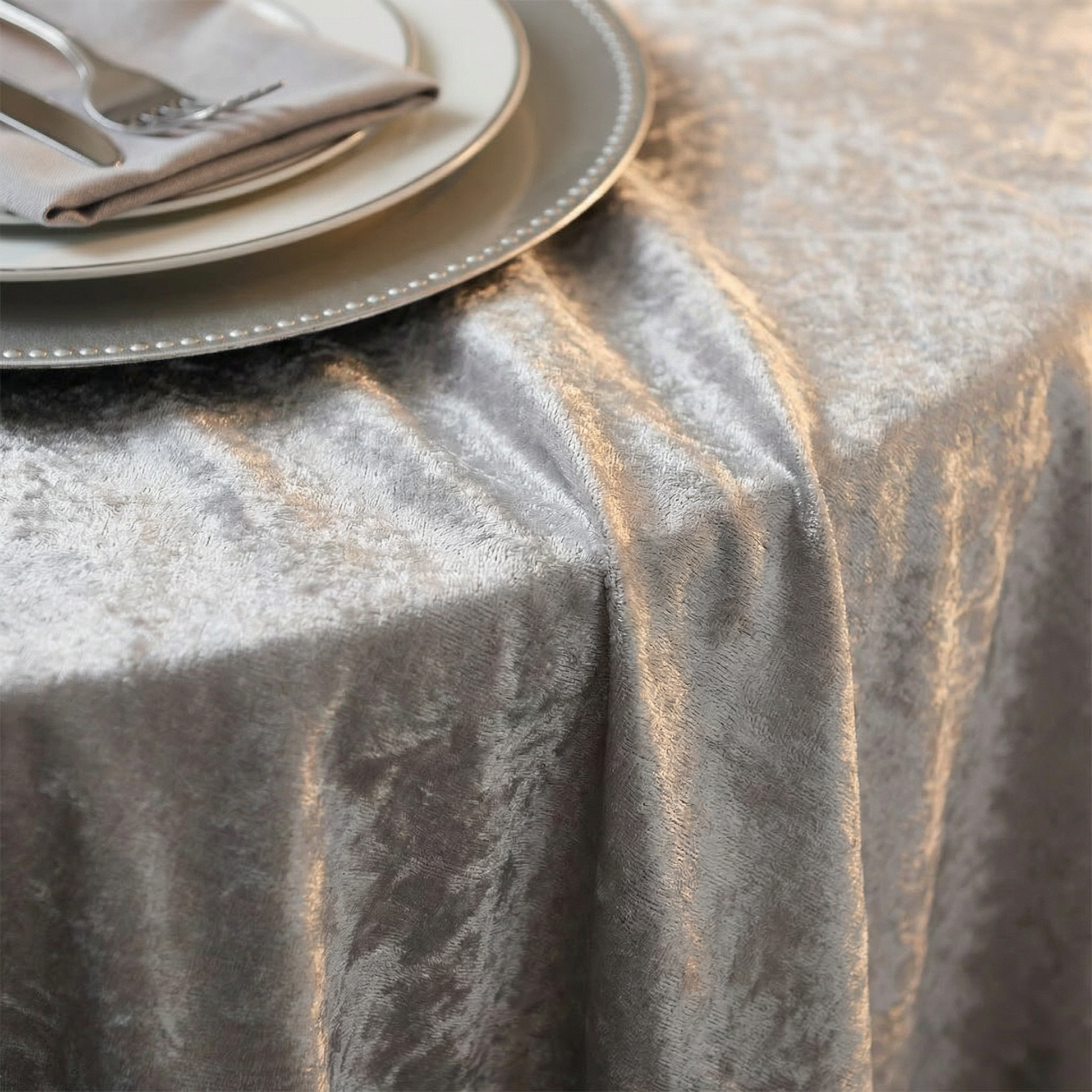 Velvet 132" Round Tablecloth - Silver - CV Linens