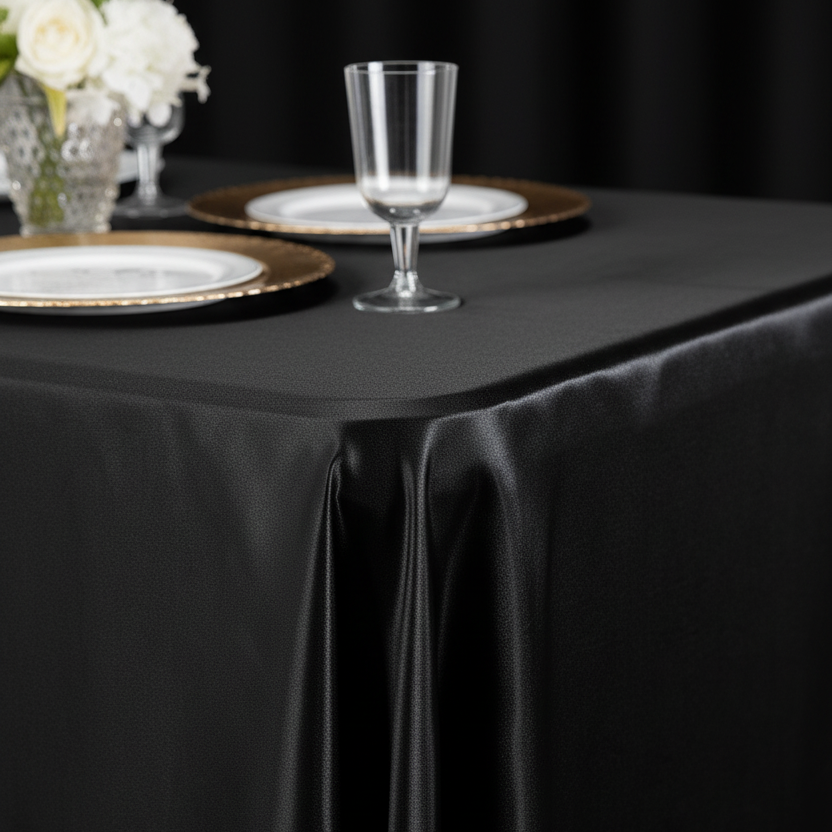 Lifestyle_Detail_Black Satin 90" x 132" Rectangular Tablecloth