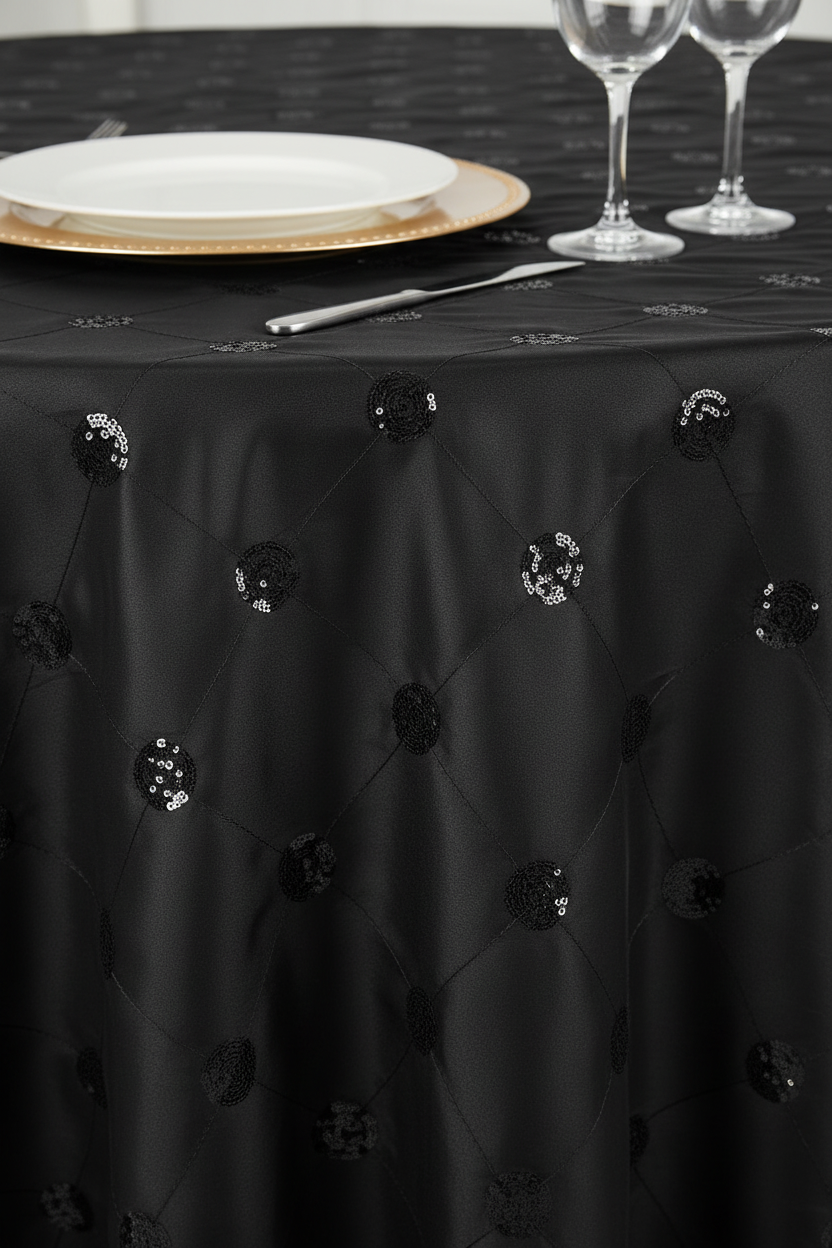Lifestyle_Detail_Black Sequin Embroidery Taffeta Round Tablecloth Size: 132 in