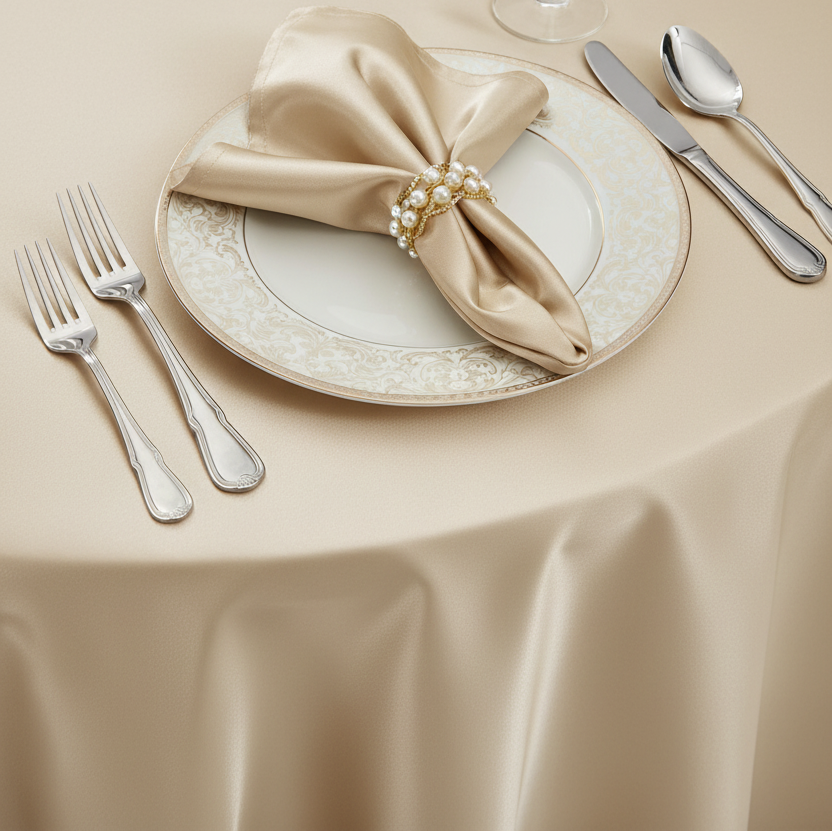 Lifestyle_Detail_Champagne Satin Round Tablecloth Size: 132 in