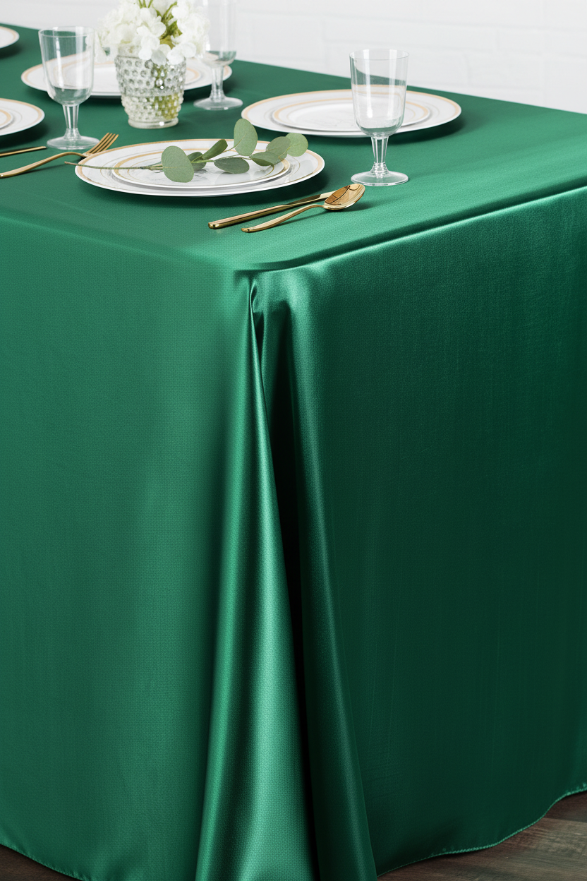 Lifestyle_Detail_Emerald Green Satin 90" x 156" Rectangular Tablecloth