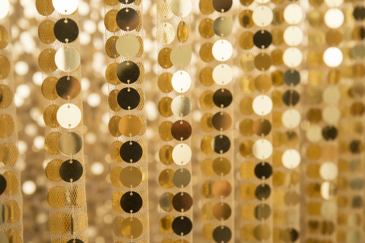 Lifestyle_Detail_Gold Large Payette Sequin Drape/Backdrop panel Size: 10 ft H X 52 in W