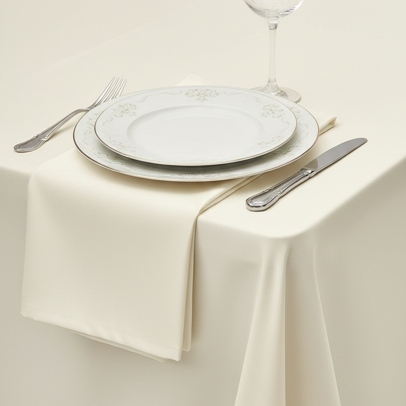 Lifestyle_Detail_Ivory Lamour Satin Oblong 90" x 156" Rectangular Tablecloth