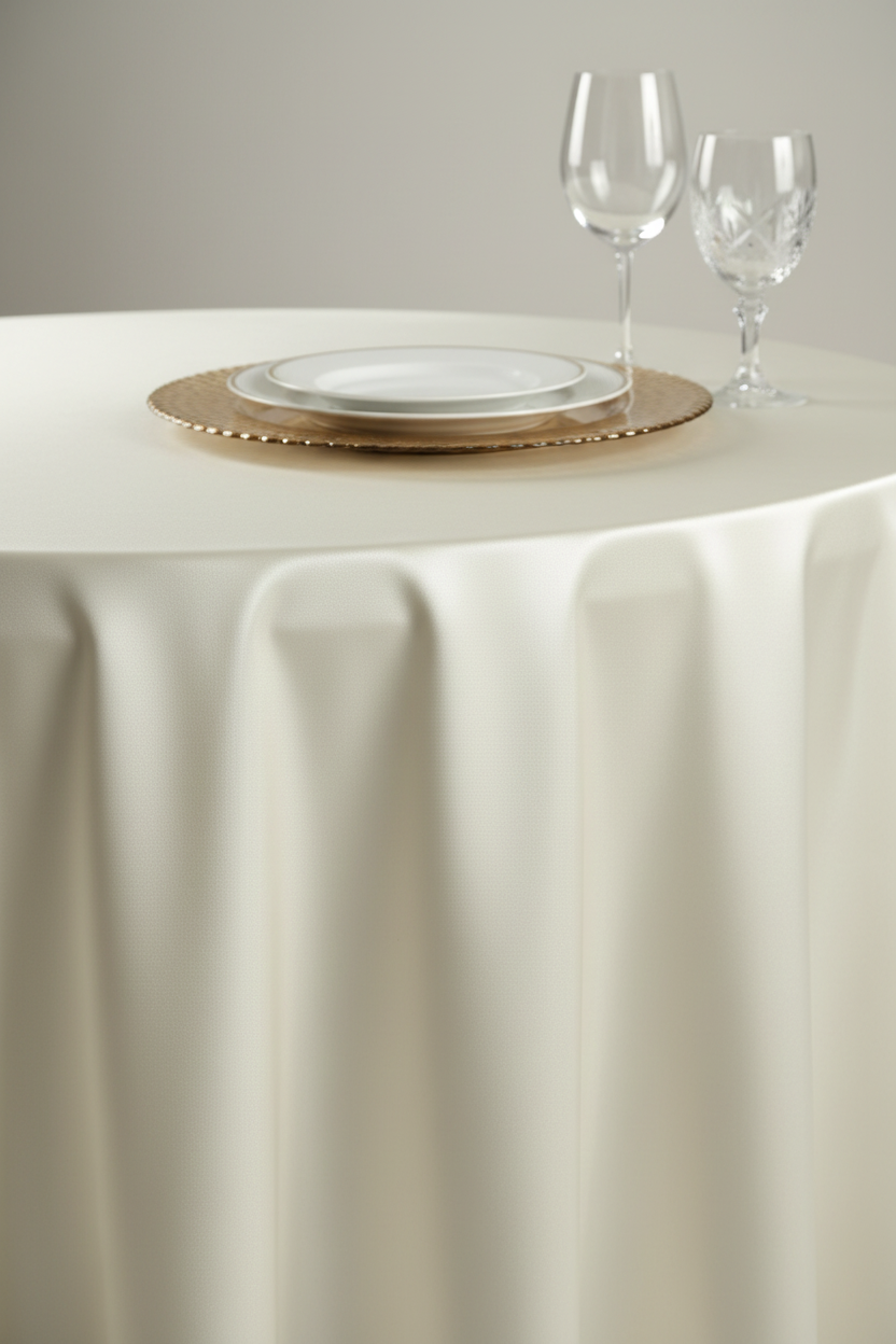 Lifestyle_Detail_Ivory Satin Round Tablecloth Size: 132 in