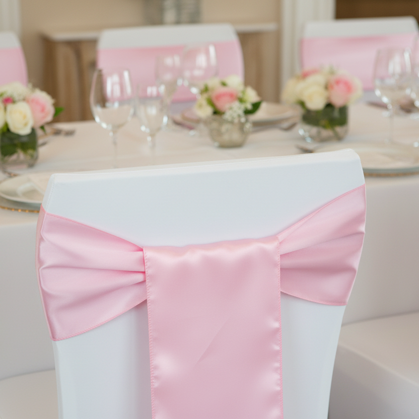 Lifestyle_Detail_Medium Pink Standard Satin Chair Sash Size: 6 X 108 in