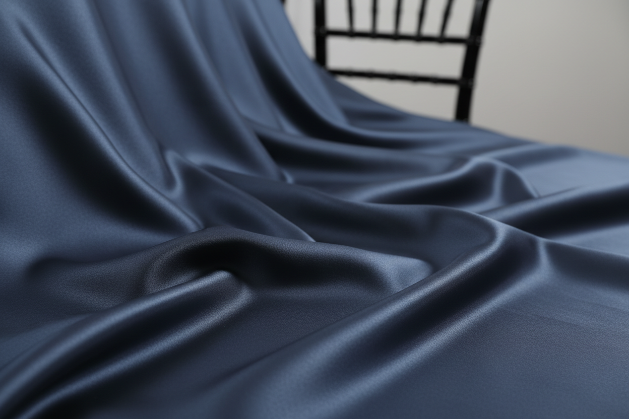 Lifestyle_Detail_Navy Blue Lamour Satin Round Tablecloth Size: 132 in