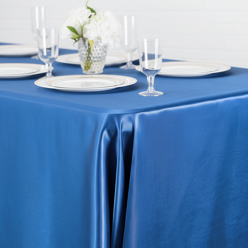 Lifestyle_Detail_Royal Blue Satin Rectangular Tablecloth Size: 90 X 132 in