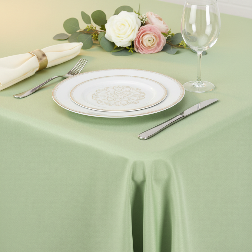 Lifestyle_Detail_Sage Green Rectangular Oblong Premium Polyester Tablecloth Size: 90 X 132 in