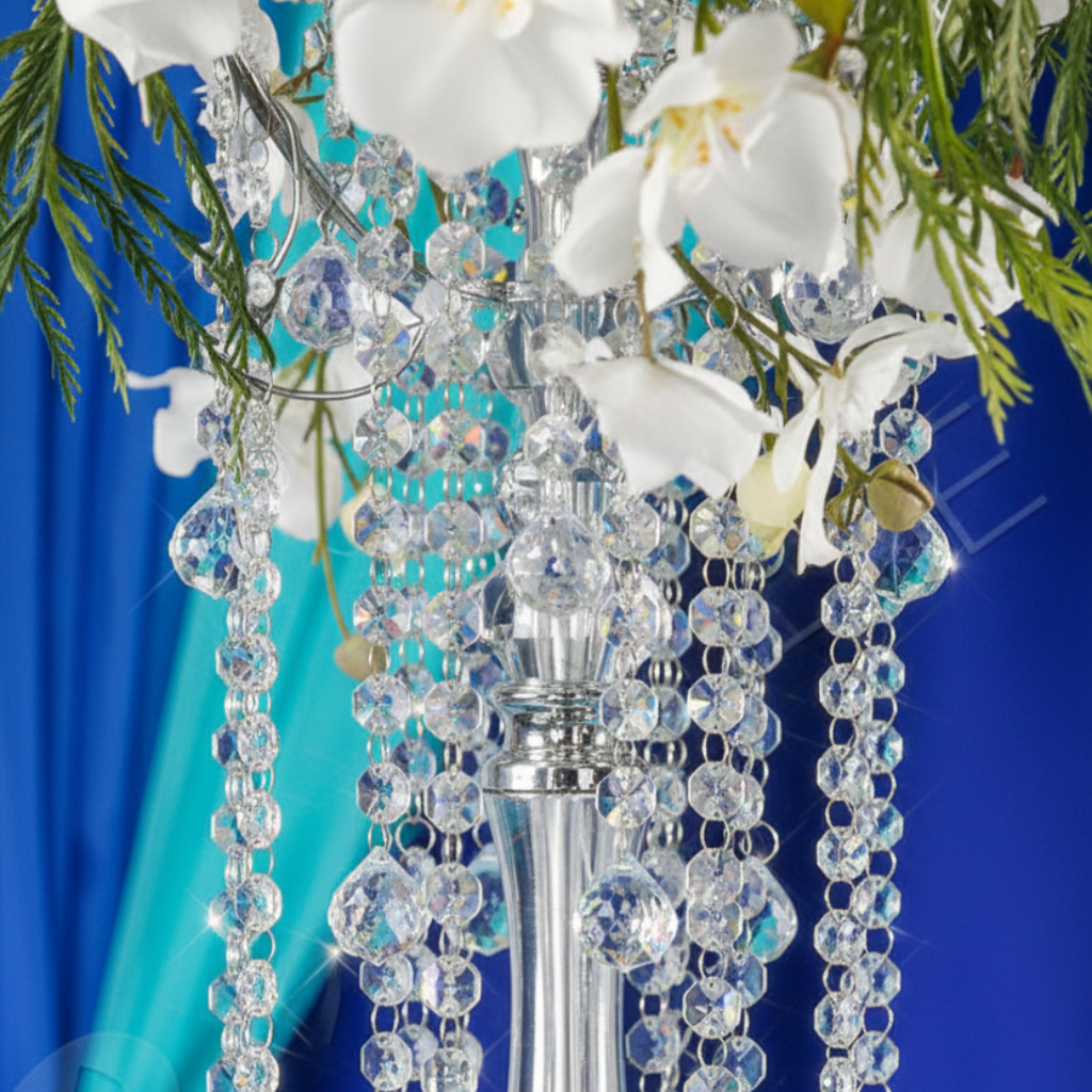 Lifestyle_Detail_Silver Acrylic Crystal Drop Centerpiece Size: 27 in 