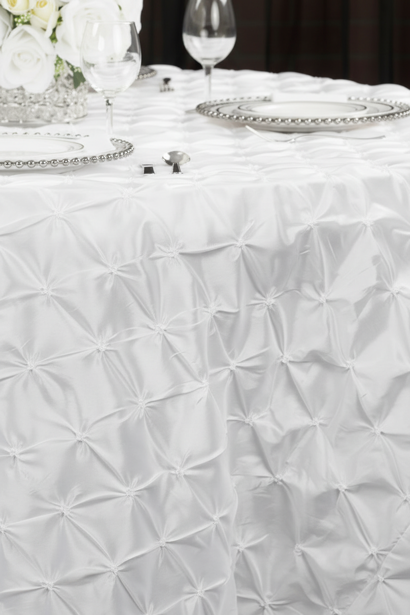 Lifestyle_Detail_White Pinchwheel Round Tablecloth Size: 120 in