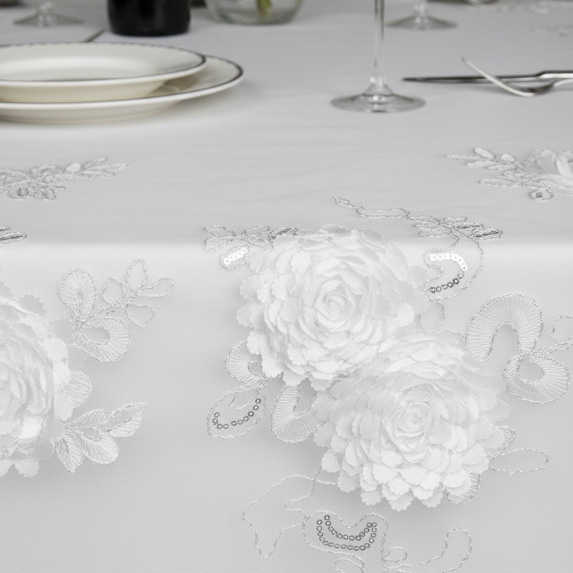 Lifestyle_Detail_White Vintage Veil Embroidery Square Table Overlay Topper Size: 90 X 90 in 
