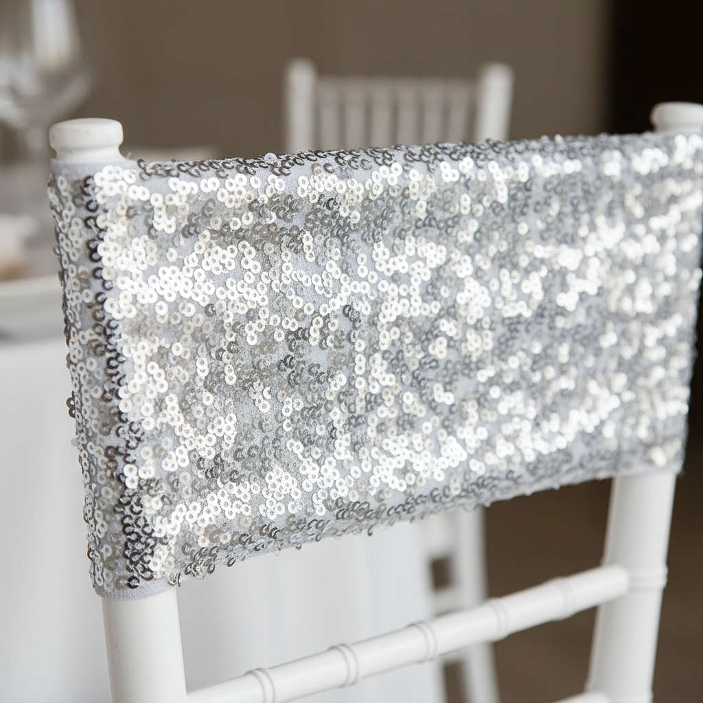 Silver Glitz Sequin Spandex Chair Band Size: 5-6 X 13 in 