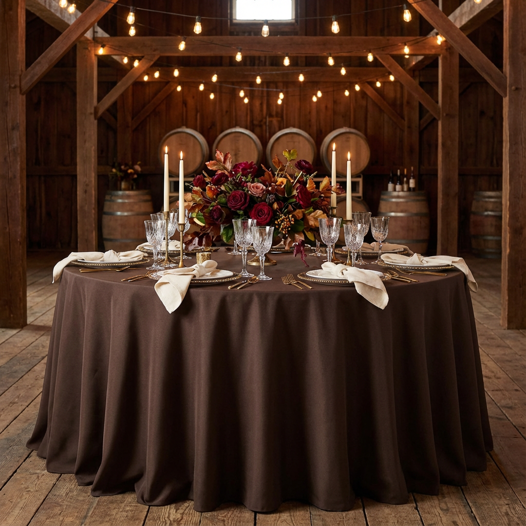 Chocolate Brown Premium Polyester Round Tablecloth Size: 108 in | Wedding | Event | Wholesale by CV Linens