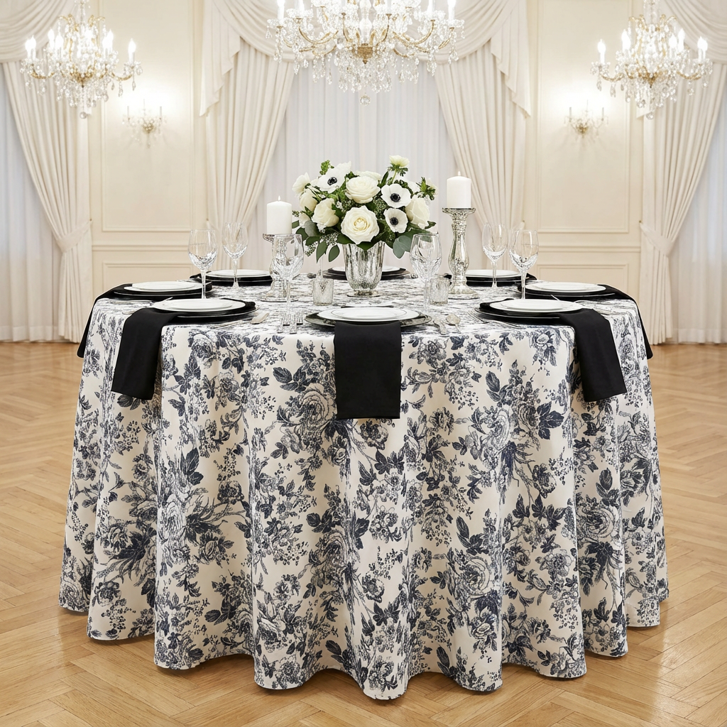 French Toile 108" Round Tablecloth - Black - CV Linens