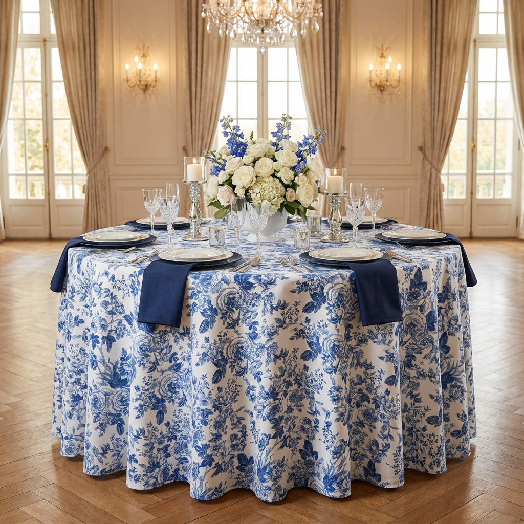 French Toile 108" Round Tablecloth - Blue - CV Linens