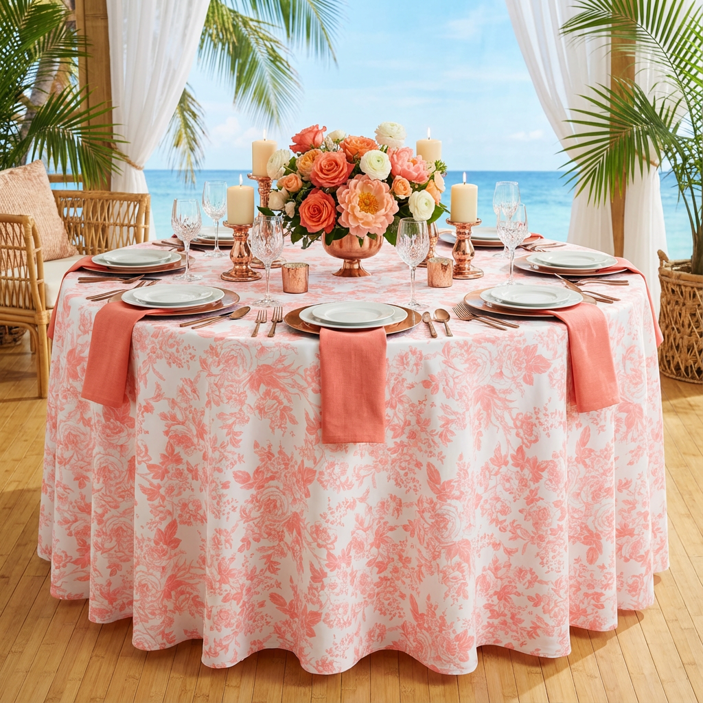 French Toile 108" Round Tablecloth - Coral - CV Linens
