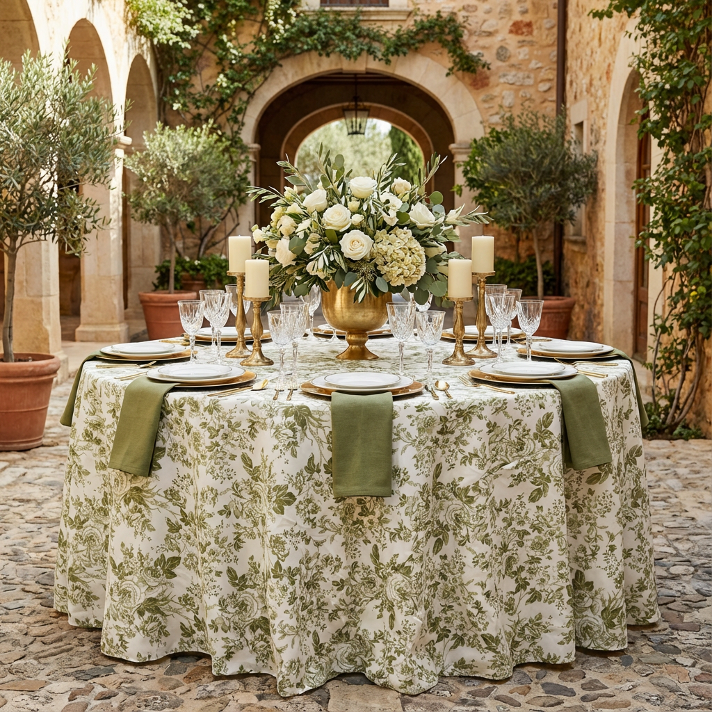 French Toile 108" Round Tablecloth - Olive Green - CV Linens