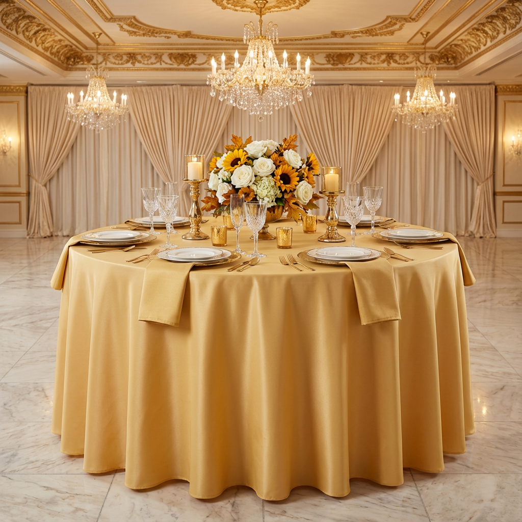 Economy Polyester Tablecloth 108" Round - Gold - CV Linens