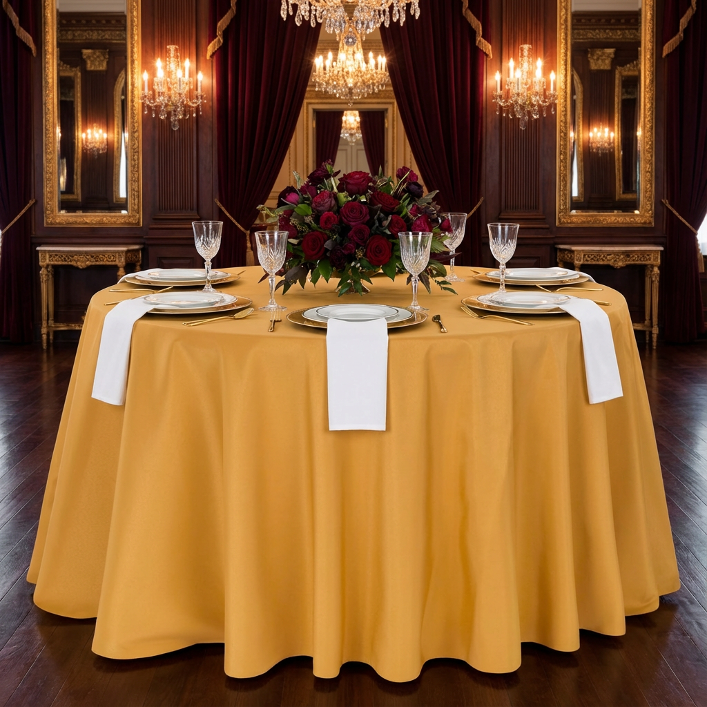 Premium Polyester 108" Round Tablecloth - Gold - CV Linens