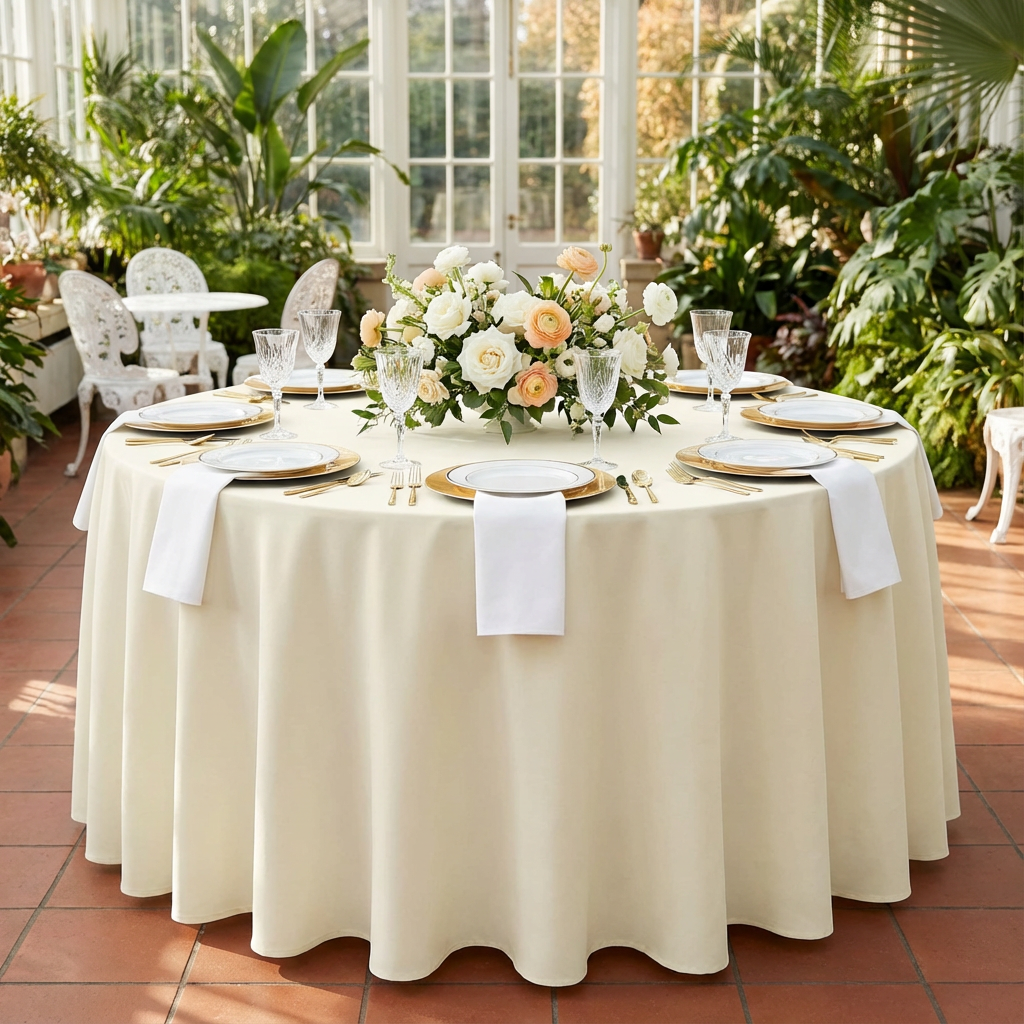 Premium Polyester 108" Round Tablecloth - Light Ivory/Off White - CV Linens