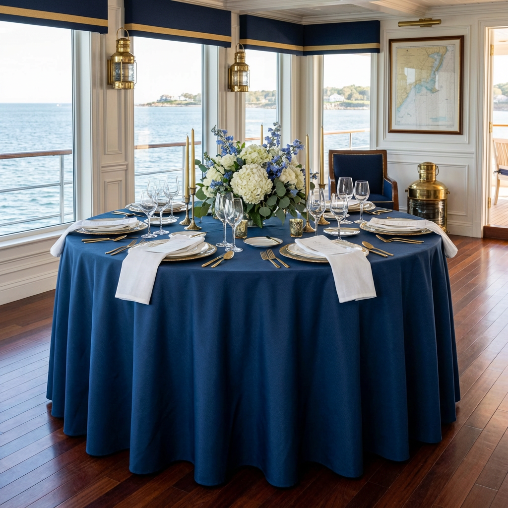 Navy Blue Economy Polyester Tablecloth Round Size: 108 in | Wedding | Event | Wholesale by CV Linens